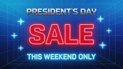 Vibrant neon graphic for President's Day sale promotion. Features bold red 'SALE' text, blue grid background with stars, and 'THIS WEEKEND ONLY' message. Ideal for holiday shopping ads and marketing.