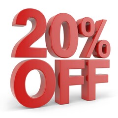 3 D rendered red text displaying 20 percent off with a glossy finish