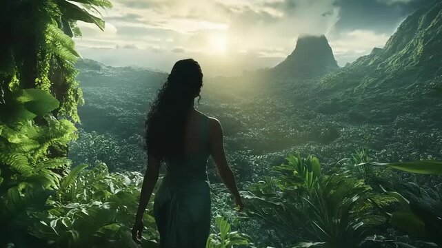 Woman gazes at lush green valley and mountain at sunrise.