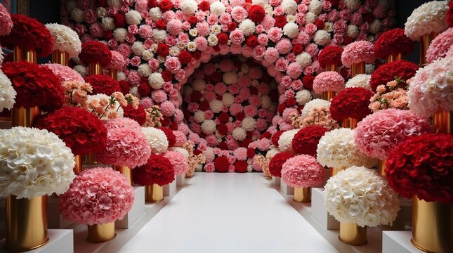 A breathtaking floral tunnel, crafted from dense red, pink, and white blooms, frames a pristine white walkway.