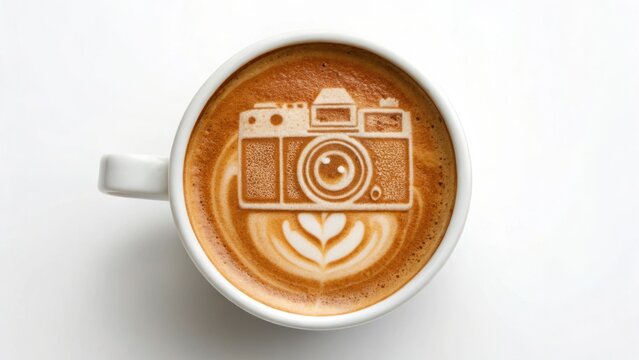 latte art Cup of coffee with latte art featuring a camera design on a white background.