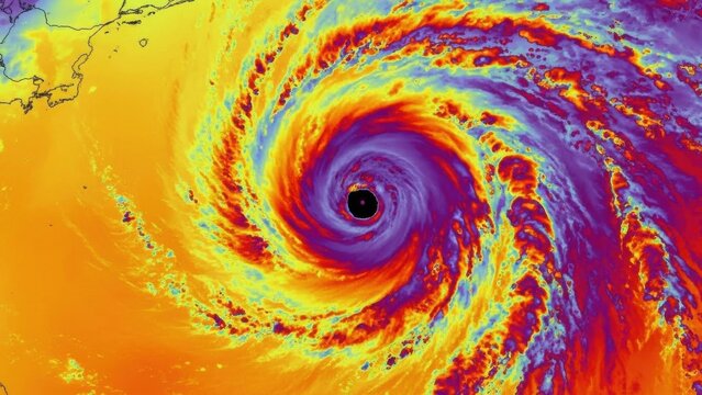Colorized satellite imagery showing tropical storm approaching coastal landmass