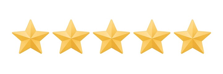 Obraz premium Five identical golden stars in a horizontal row on a white background yellow 1