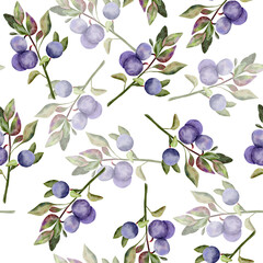 Blueberry seamless pattern watercolor branches.A delicate ornament of berries. For fabric, textile design, digital paper. Black background
