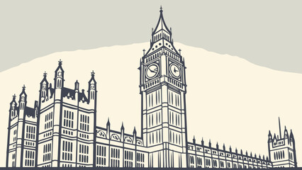 Fototapeta premium Iconic clock tower and grand building facade in a classic line drawing style.