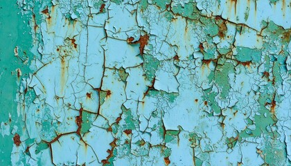 Weathered green blue paint cracked with deep orange rust