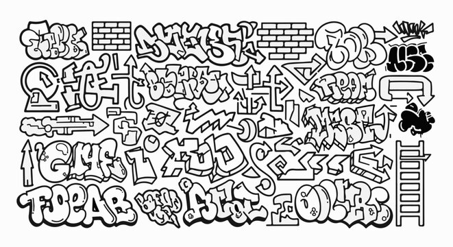 Black and white graffiti art elements, arrows, brick patterns, and word art