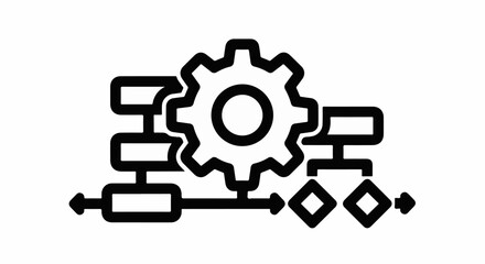 Obraz premium Black and white icon showing a gear and flowchart elements representing process
