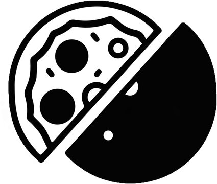 Black and white icon of a pizza cut in half with toppings