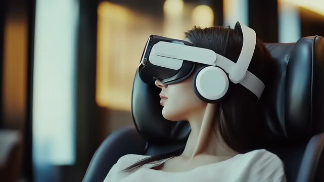 Woman experiencing virtual reality technology with headset and headphones indoors.