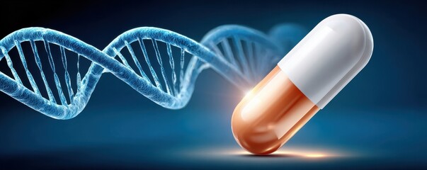 Pill capsule beside a DNA strand on a dark blue background, symbolizing medicine and science.