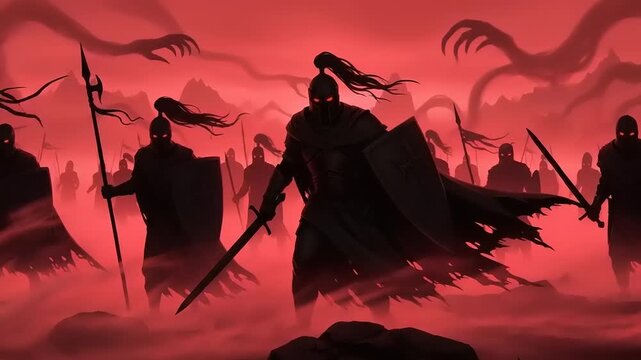 Warriors with Spears in Red Landscape.