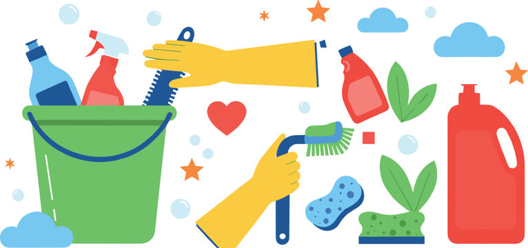 Home cleaning illustration with detergent spray bottle sponge brush gloves and bucket colorful flat vector design for housekeeping hygiene and household service concepts