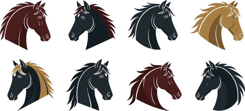 Horse head silhouette collection with different mane styles and colors representing equestrian, farm, and wild animal themes illustrated in flat vector style