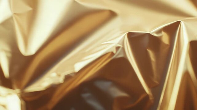 Golden metallic foil forming a dynamic, creased and crumpled surface, creating a beautiful abstract texture with shimmering reflections and intricate light patterns