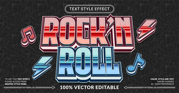 Editable text effect vector &ldquo;Rock&rsquo;n Roll&rdquo; features bold edgy 3D lettering with rebellious vibes, perfect for music events, band posters, concerts, and energetic designs.