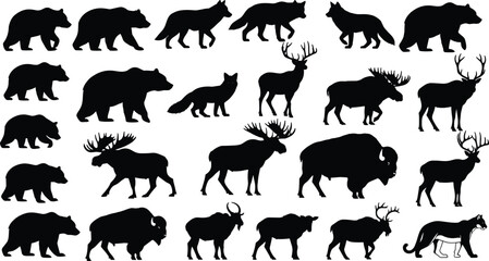 Obraz premium Wild animal silhouette collection with bears, wolves, deer, moose, bison, and forest mammals, black vector wildlife icons isolated on white