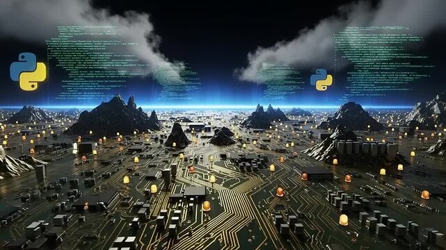 Abstract digital landscape with Python logos and circuit board elements.
