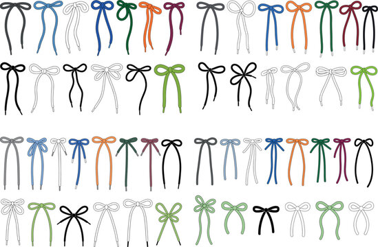 Colorful shoelace bow knot collection, various tied ribbon styles, isolated design set, detailed clipart, cad drawing flat vector illustration, art