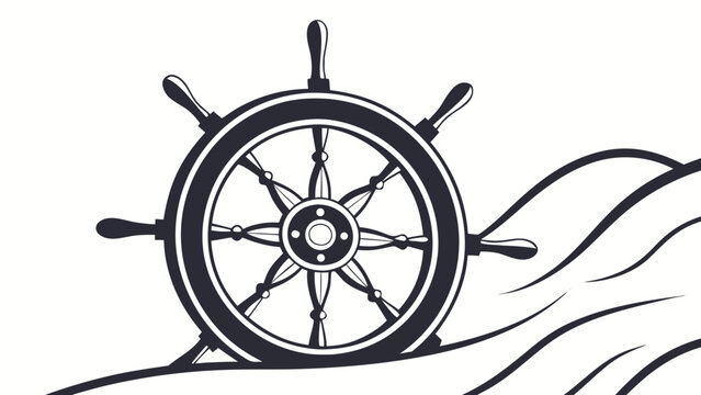 Vintage ship helm steering wheel on ocean waves