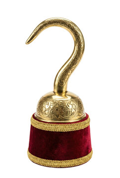 Golden pirate hook isolated. Costume accessory prop.