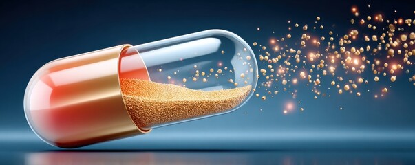 Plakat Abstract capsule pill with glowing particles flowing out, a futuristic medical and pharmaceutical concept