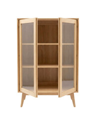 Light oak display cabinet isolated. Open glass doors.