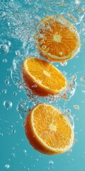 Orange slices are suspended in the air surrounded by bubbles. The background is bright blue. The scene captures the fruit as it appears to be splashing in water
