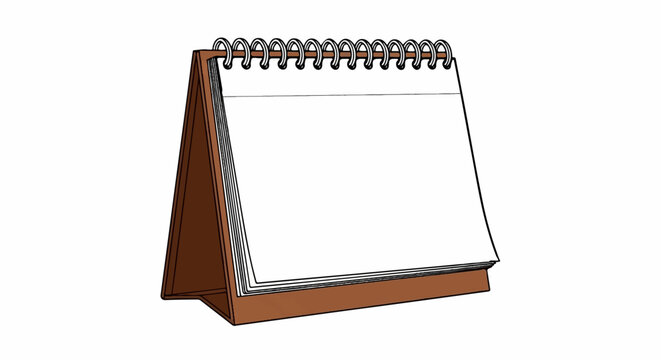 Blank spiral-bound desk calendar with a brown stand and white pages