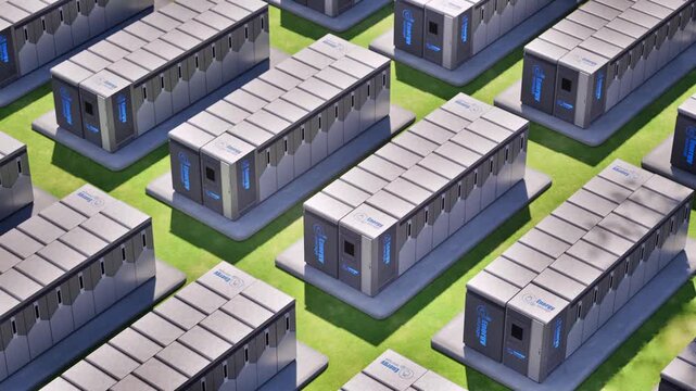 3d rendering group of energy storage systems or battery container units isometric on green grass 4k footage