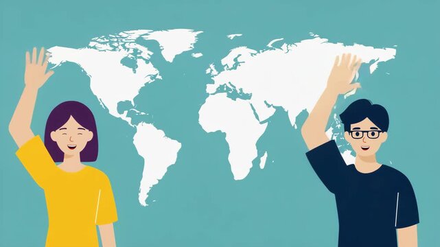 Global Education Animation Loop &ndash; Students Raising Hands in Front of World Map Background