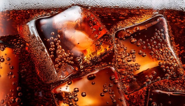 Texture Of Cola With Ice Cubes Bubbles Rising Refreshing Cold Drink