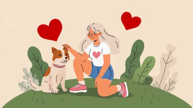 Young Woman Petting Dog with Hearts Animation Loop Cute Flat Illustration