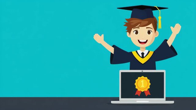 Happy Graduate Character Animation With Laptop Award Badge, Online Education Success Motion Graphic Loop