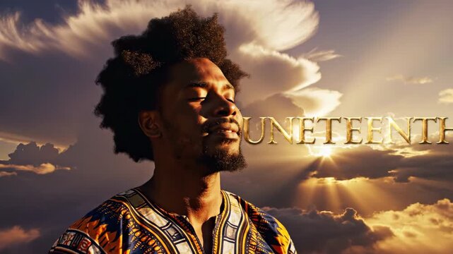 Juneteenth man looking up at sky with beaming golden sunlight