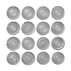 Collection of 15 silver coins with intricate designs isolated on transparent background