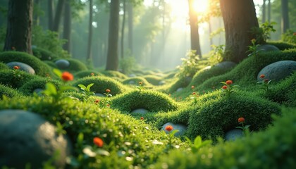 Sunlight Filters Through Forest Trees Onto Lush Green Mossy Ground With Small Orange Flowers