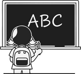 Child with backpack writes ABC on chalkboard