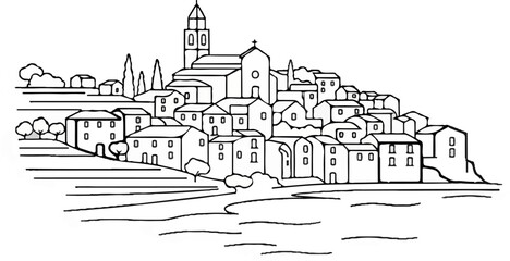 Fototapeta premium Black and white line drawing of a hillside town with a church