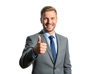 A smiling businessman giving a thumbs up gesture isolated on transparent background