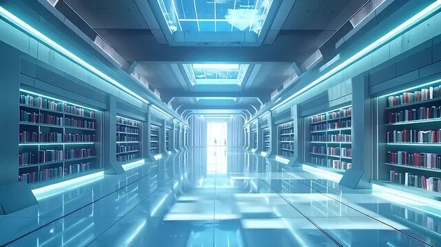 Futuristic Library Corridor with Bright Lighting.