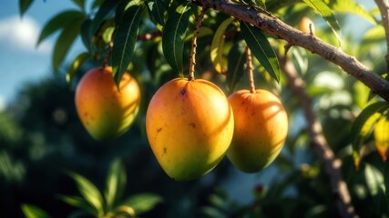 Ripe mangoes hanging on tree branch in lush orchard.