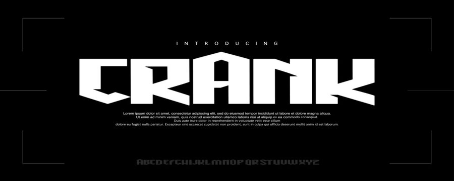 Crank Font is Bold geometric display font with sharp cuts and industrial edges, perfect for strong logos, headlines, posters, and branding.