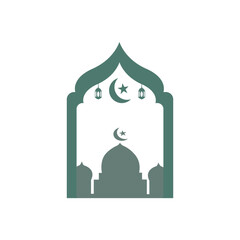 Ramadan ornaments with a mosque in the background. Featuring decorative frames, hanging lanterns, and a crescent moon.