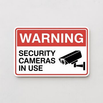 Red and white rectangular warning sign with security camera and text on a plain wall cameras