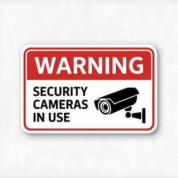 Red and white rectangular warning sign with security camera and text indicating cameras in use