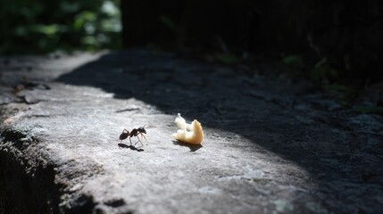 A carpenter ant carrying a minuscule piece of bread on a sunlit stone surface outdoors
