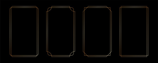 Thin golden frame set in art deco style. Luxury modern line rectangle gold borders. Brass glowing shiny boarder element pack for photocard. Vector illustration isolated on black background. © Elena Pimukova