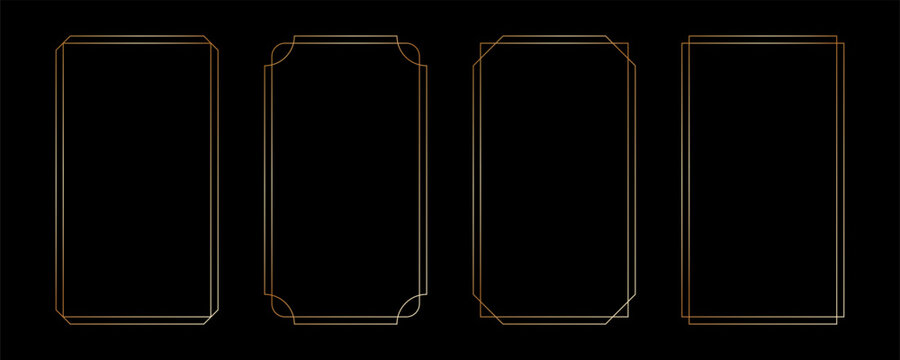 Thin golden frame set in art deco style. Luxury modern line rectangle gold borders. Brass glowing shiny boarder element pack for photocard. Vector illustration isolated on black background.