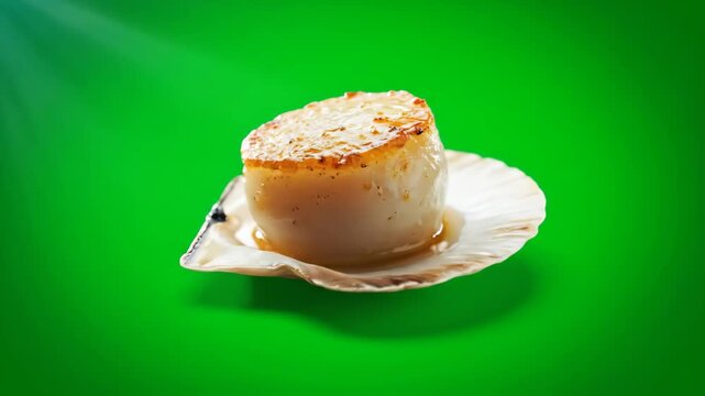 Close-up of a beautifully seared scallop presented in its natural shell against a vibrant green screen. Ideal for culinary projects and food-related content.